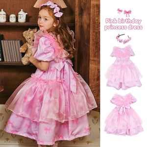 Korean Kids Clothes Princess Dress For Spring Summer Child Girls Pink Flower Holiday Birthday Childrens 240311