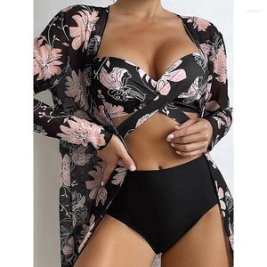 Costumi da bagno da donna 2024 Moda Beach Cover Up Costume da bagno Donna Bikini a tre pezzi Costumi da bagno Abbigliamento estivo Stampato Lungo Beachwear