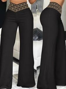 Calças femininas de outono sólida cintura alta criss cross calças largas 240309