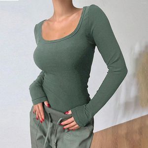 女性用Tシャツ春秋スリムフィットクロップトップ長いスリーブスクープネックソリッドカラーベーシックTシャツストリートウェア