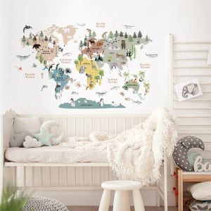 Adesivi Cartoon Grande Mappa del mondo Animali Tema Adesivi murali educativi Decalcomanie artistiche per la scuola materna nordica per la decorazione della stanza studio della camera dei bambini