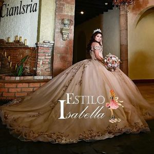 Champagne 3D Flowers Appliques Lace Quinceanera Dresses Ball Gown Off The Shoulder Beading Pearls Sweet 15 Birthday