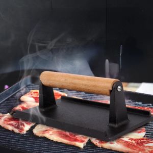 Turners 1pc ferro fundido grill imprensa retângulo punho de madeira fundida carne bife bacon lula grill sanduíche frito churrasco placa pressão cozinhar ferramenta