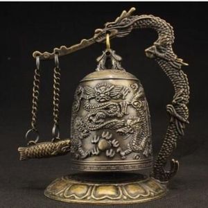 Superb Vintage Decorated Handwork Copper Carved Dragon Wonderful Bell Statue291k