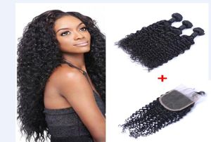 Brazilian Jerry Curly Human Virgin Hair Weaves With 4x4 Lace Closure Bleached Knots 100gpc Natural Color Double Wefts Hair Extens3968576