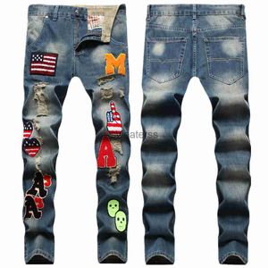 Wind Jeans for Men with Torn Holes Autumn Style Personalized Badge Runway Design Straight Fit Trendy Beggar Pants