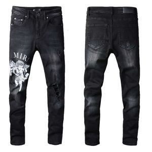 817amiri Street Letter Angel Pattern Denim Freizeithose Mikroelastische Baumwolle Jugend Schwarz Enge Jeans