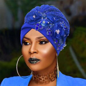 Elegante turbante africano boné com strass brilhante pronto para usar Nigéria Auto Gele Headtie Party Womens Head Wrap Bonnet Turbante 240301
