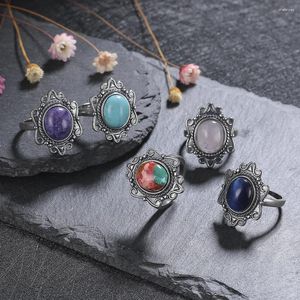 Cluster Rings 925 Sterling Silver Big Oval Natural Moonstone Turquoise Lapis Tiger Eye For Men Women Gifts Trendy Jewelry