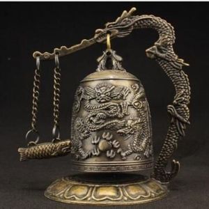 Superb Vintage Decorated Handwork Copper Carved Dragon Wonderful Bell Statue171m