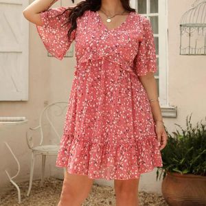 Casual Dresses Ladies Summer Sale Floral Print Holiday V Neck Loose Plus Size Ruffle Flowy Swing Chiffon Comfy Woman Clothing