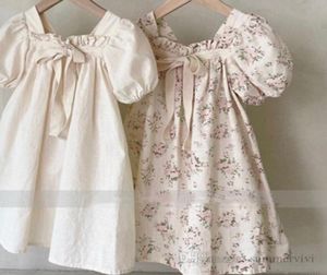 INS Little girls floral printed dresses kids square collar puff sleeve Bows princess dress summer children clothing Q72211126133