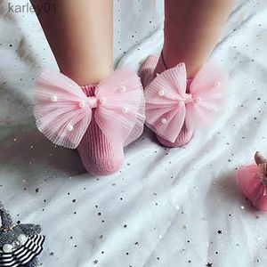 Barnstrumpor Nya babyflickor strumpor med bågar Småbarn Spädbarn Bomull Ankel Socks Beading Baby Girls Princess Sock Söta barn Socks YQ240314