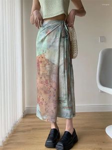 Saias Midi Long Womens Boho Tie Up Cintura Verão Praia Envoltório Capa Maxi Saia Vintage Impressão Y2K Gótico Grunge Estética