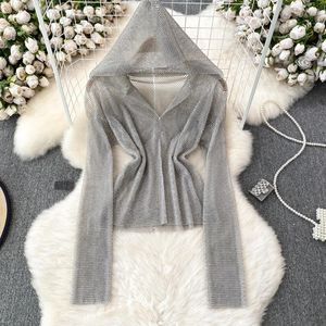 Women's T Shirts Shiny Diamonds Mesh Shirt For Women Sexy Rhinestone See Through Fishnet Long Sleeved Hooded Top Rave Festival Crop