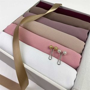 Muslim Chiffon Hijab Scarf Women Solid Color Shawl Head Wrap Islamic Hijabs Headscarf Customize Gift Box Foulard Femme 220106268j