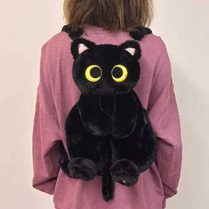 Backpacks Highland Cow Huggable Soft Long Cat Plush Backpacks Cute Cartoon Girls Boys Black Cat Fluffy School Bags Pencil CaseL2403