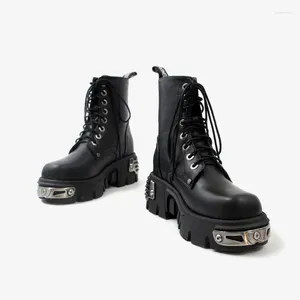 Botas estilo punk plataforma mulheres tornozelo mulheres motocicleta bota moda senhoras sapatos robustos decoração de metal preto tamanho grande 41 43 44