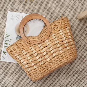 Women's Woven Bag Round Bamboo Handle Straw Simple Hard Portable Fashion Versatile Handbag
