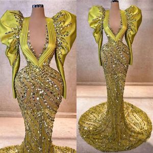 Modern Deep V Neck Green Mermaid Prom Dress Sequins Crystal Puffy Sleeve Arabic Dubai Celebrity Party Dresses Evening Gowns Robe