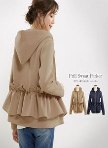 Kawaii Ruffle Women Zip Up Bluza Bluza z kapturem Khaki Czarna jesienna płaszcz Kobieta wysoka talia Peplum Hooded Tops Korean Women0394730955