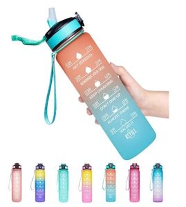 1000 ml Gradientfärg OneClick Opening Fliptop Spring Lid 32oz Motivation Fitness Outdoor Sports Water Bottle With Time Marker 8942770