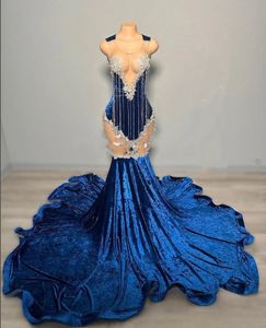 Marinblå sammet långa balklänningar för afrikanska kvinnor 2024 glittrande lyxig diamanttasse ren mesh afrikansk kväll formell gala klänningar