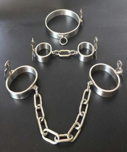 Stainless Steel Lockable Neck Collar Handcuffs Ankle Cuffs Slave BDSM Bondage Shackles Leg Irons Restraints Sex Toy For Couples Y21228505