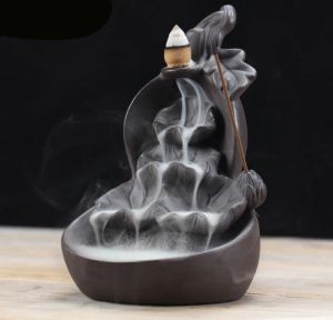 Burners Purple Clay Gourd And Lotus Waterfall Incense Burner Cones Stick Holder Censer Aroma Smoke Backflow Home Teahouse Decor