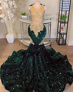 Sparkly Green Sequins Mermaid Prom Dresses For Black Girls Crystal Rhinestone Court Train Party Gown Robes De Bal 0509