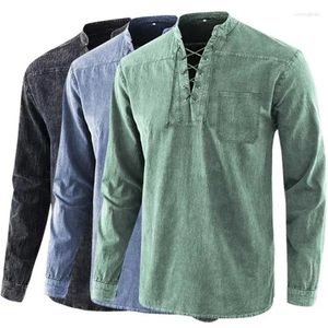 Men's Casual Shirts Lace-up V-neck Solid Color Panels Shirt Long Sleeves Spring Summer Business Straight Leg Fashion Top Pocket