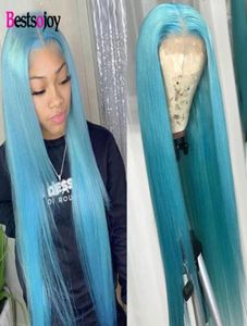 Uzun mavi renkli tam peruk, kadınlar için bebek kılları ile önceden koparılmış pinkorange yeşil brezilya yok, dantel ön wig5650845