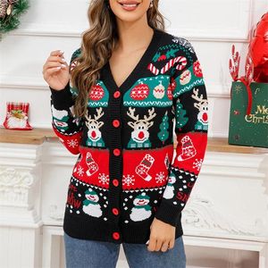 Xingqing Weihnachtspullover für Damen, Cartoon-Muster, V-Ausschnitt, Knopfleiste, lange Ärmel, Strickjacke, klassische Winteroberteile