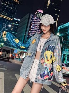 Fashion Denim Jacket Cartoon Sequin Stitching Embroidery Streetwear Hip Hop Vintage Outerwear Female 2023 Jean Coats 240311