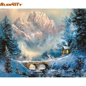 Número ruopoty quadro casa de montanha pintura diy por número moderna paisagem caligrafia pintura acrílica por número para decoração de casa