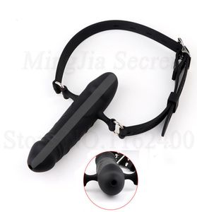 Silicone DoubleEnded Hollow Bocca aperta Gag Dildo Imbracatura orale Strap On Penis Plug BDSM Bondage Giocattoli erotici sexy per coppie5354122