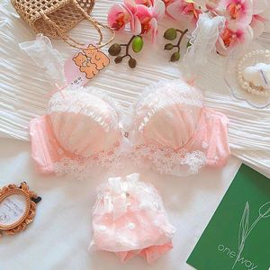 Sexy Set Bras Sets Japanese Cute And Sweet Lace Bra Underwear Set Sequin Embroidery Bralette With Steel Rim Gathered Lingerie Brief Large Size