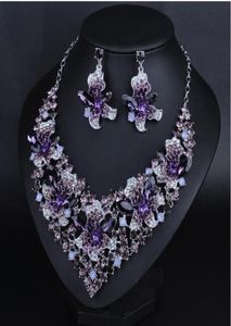 Shinning Purple Pink Blue Crystals Jewelry 2 Pieces Set Halsbandörhängen Brudsmycken Brudtillbehör Bröllopsmycken T30147066967