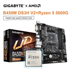 Gigabyte Ny B450M DS3H V2 Moderkort + AMD Ryzen 5 5600G R5 5600G CPU 3,9 GHz 6-kärnprocessor 64GB DDR4 Socket AM4 Micro ATX