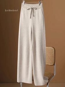 High Waist Knitted Wool Wide Leg Trousers Woolen Autumn and Winter Casual Loose Straight Drop Mop Pants 240309