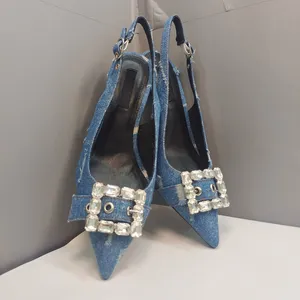 Denim-Quadrat-Strass-Schnalle, dekorative Slides, Pantoletten-Sandalen, Abendschuhe, 6,5 cm, Stilletto-Absätze, Damen-Luxus-Designer, Party-Abend, beste Schuhe, 35–42, Qualität, 10A-Box