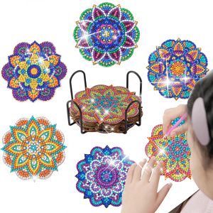 Liczba Ruopoty 6pcs Mandala Diamond Malarstwo Kamieniale Diy Diamond Sztuka Sztuka 5D Full Diamond Coasters Acryl Country Cup