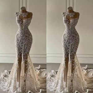 Crystal Mermaid Dresses See Through Lace Appliced ​​Bridal Clows Luxurious Sequined Dubai Wedding Dress Anpassa 0314