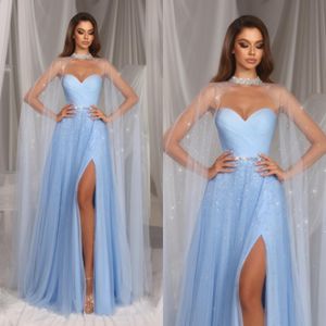 Baby blue a line Evening Dresses elegant with cape sweetheart Prom Dress beads Front Split Formal Long ogstuff tulle Dresses for special occasion