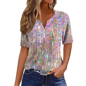 Women's T Shirts Casual Sequin Printed V-Neck Short Sleeve Decorative Button T-Shirt Top Youthful Woman Clothes For Women