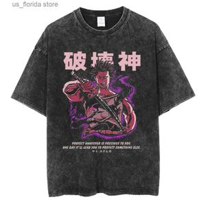 メンズTシャツヒップホップストートウェアメンズ特大のビンテージTS日本のアニメプリントTシャツハラジュクトップサマーショートスライド洗浄TシャツY240321