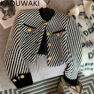 Autumn Winter Vintage Stripy Jackets Women Simple Stand Collar Long Sleeve Loose Casual Short Coat French Chic Tops 240227