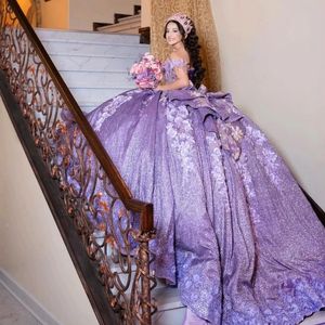 Parlak sevgilim lavanta quinceanera elbiseler 3dfloral aplike dantel boncuklar omuz kapalı tatlı 15 doğum günü parti topu