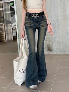 Slergiri American Streetwear Low Waist Flared Jeans Womens Y2k Fashion Vintage Washed Distressed Denim Trousers Without Belt 240307