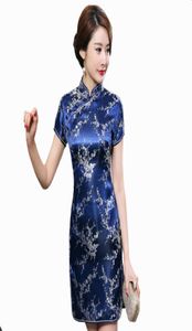Marineblaues traditionelles chinesisches Kleid Damen039s Satin Qipao Sommer Sexy Vintage Cheongsam Blume Größe S M L XL XXL 3XL WC100 D1892063409